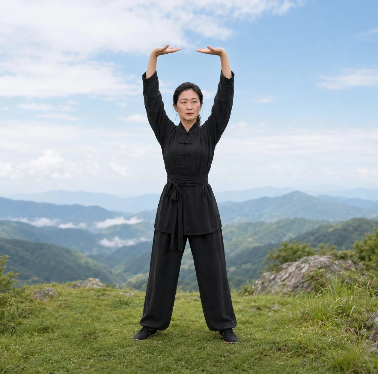 Grandma teacher practicing Ba Duan Jin in the mountains