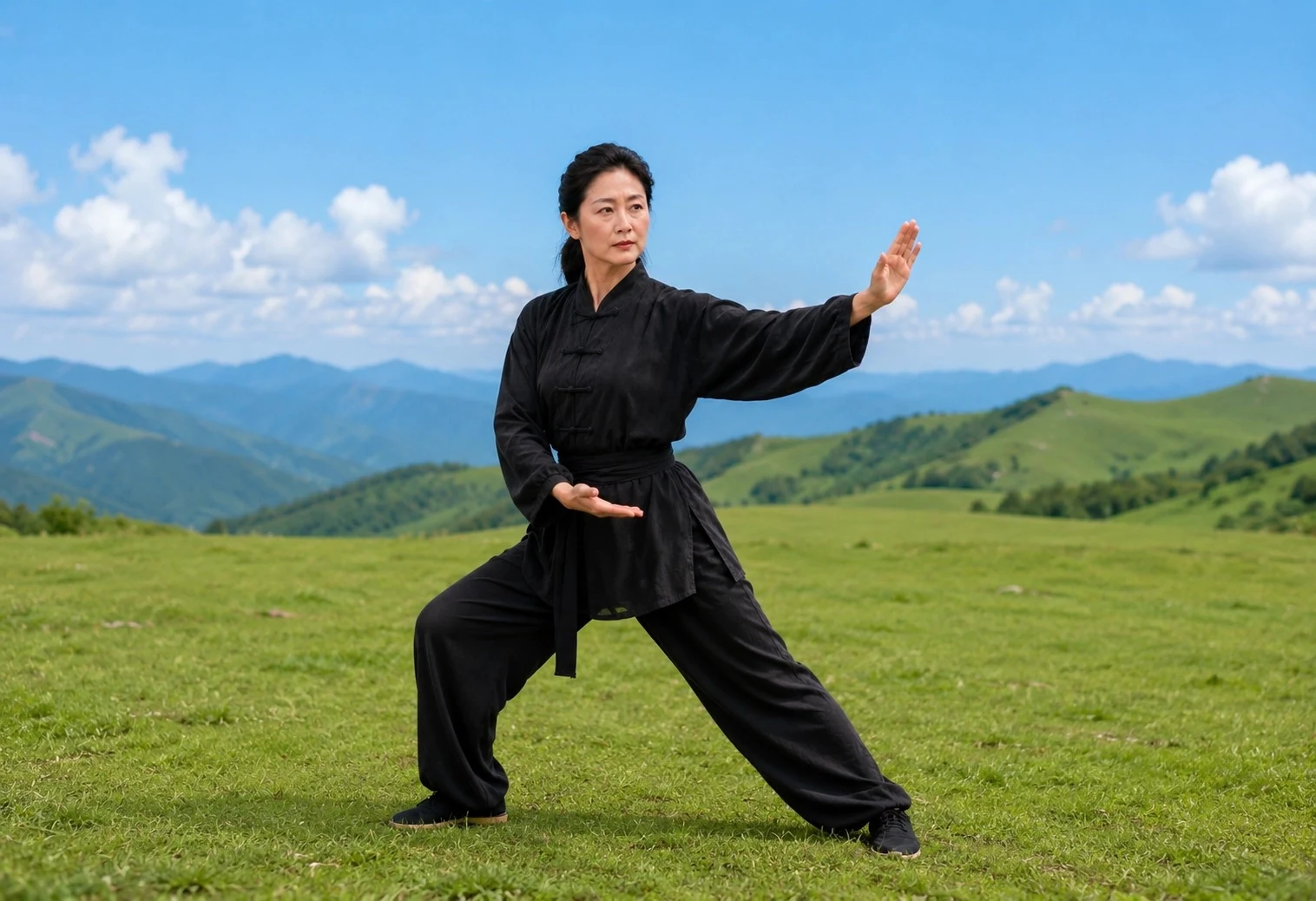 Grandma teacher demonstrating Ba Duan Jin on a green hillside