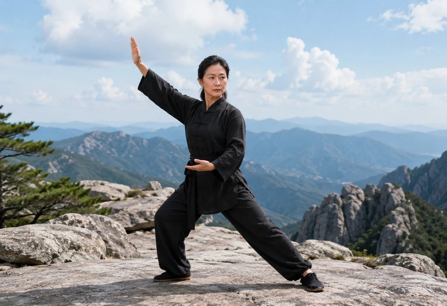 Grandma teacher demonstrating Ba Duan Jin on a mountain path